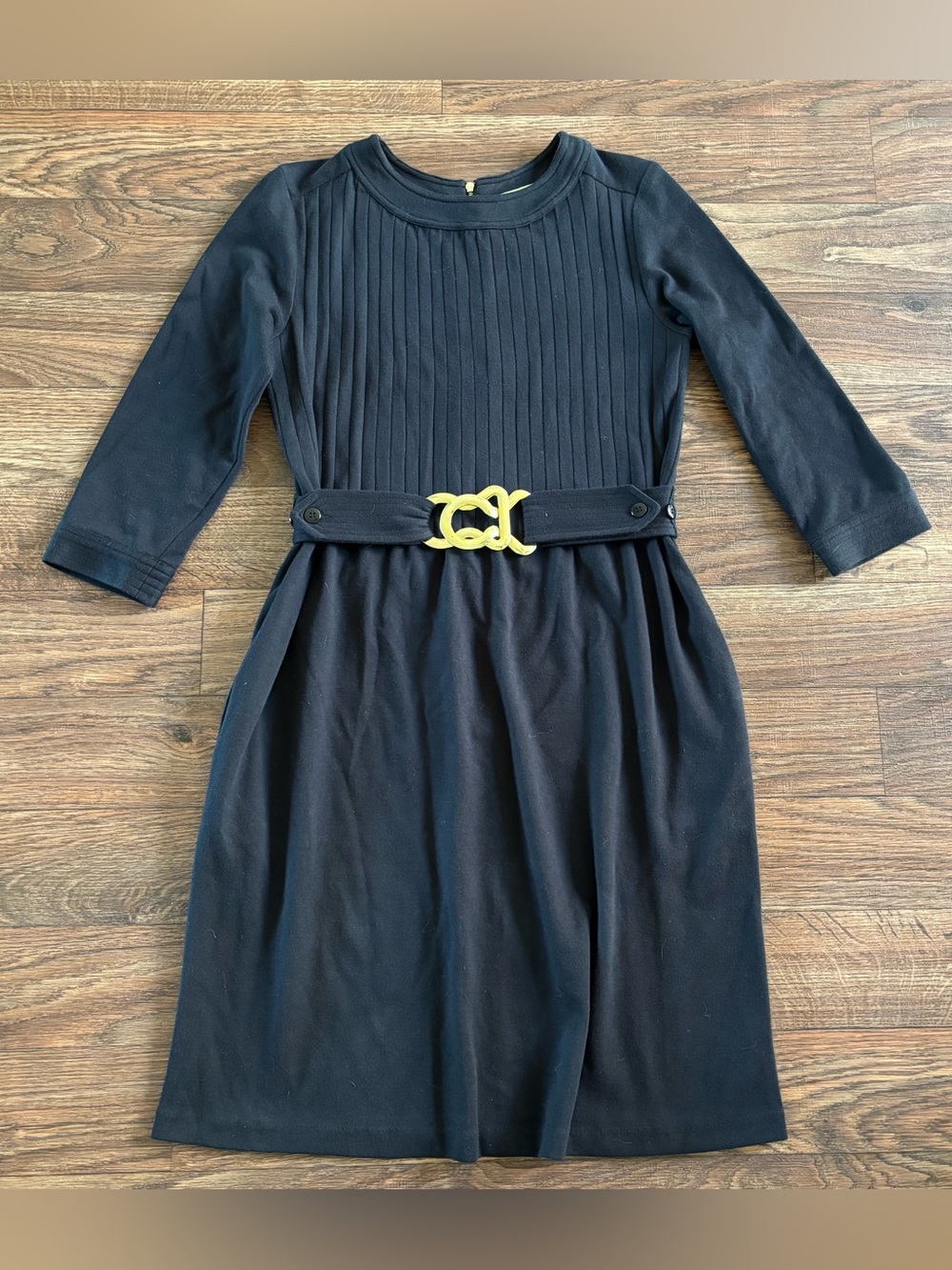 Elizabeth McKay Pleated Bodice Belted Stretch Knit Dress - Size 6 Black Cotton